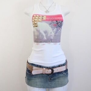 y2k unicorn graphic tank white ribbed studded baby tee